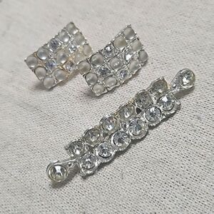 Vintage MCM 60s Silver Tone Rhinestone Bubble Clip-on Earrings Brooch Pin